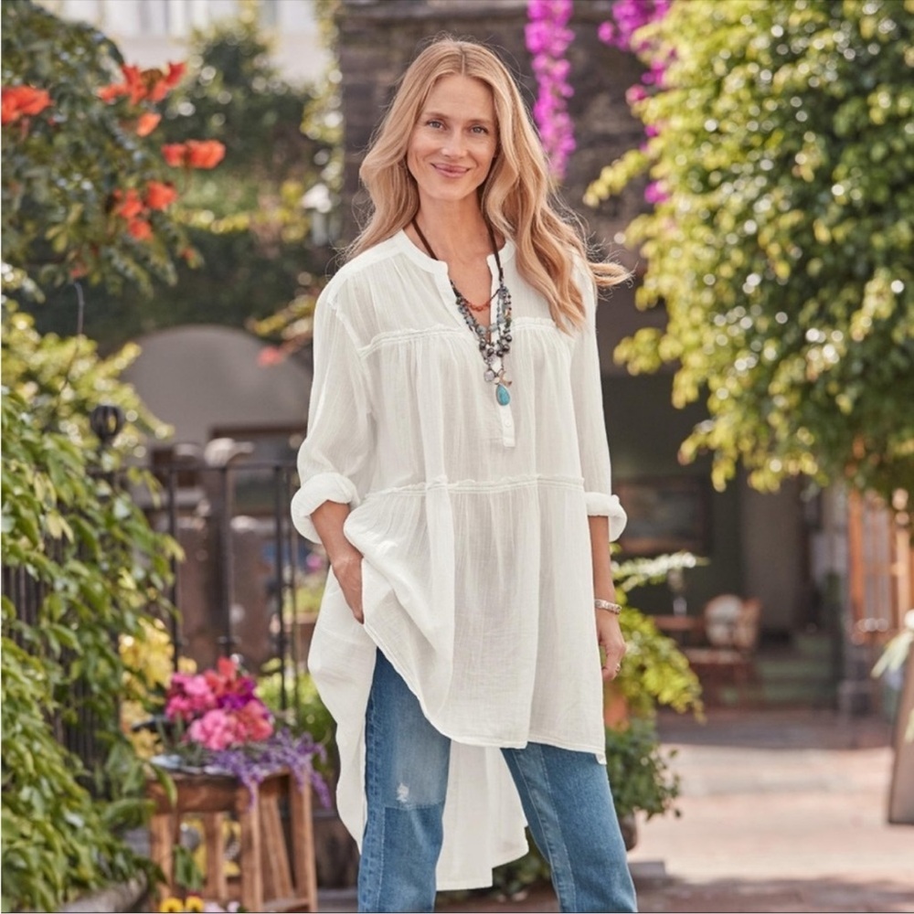 Boho White Gauze Tunic Top - Lightweight Women’s Blouse